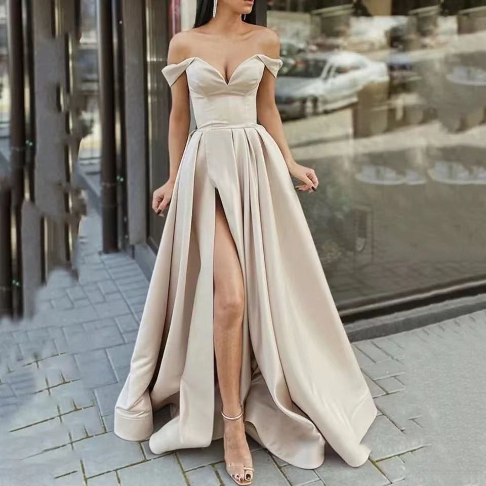 Super Simple Formal V-Neck Off Shoulder Thigh Slit Satin Prom Dress