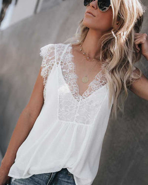Two Piece Deep V Neck Sleeveless Lace Tank Top