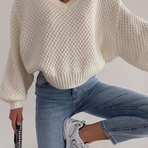 Chunky V Neck Waffle Knit Jumper Sweater For Ladies
