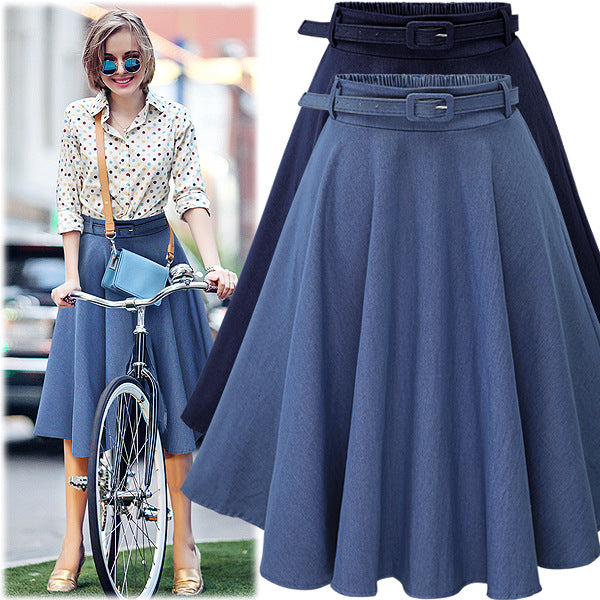 Classy Belted Waist High Waisted Full Midi Denim Skirt