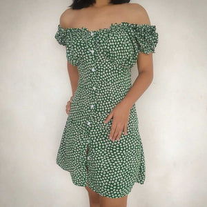 Daisy Floral Prints Vintage Green Frilled Button Through Dress