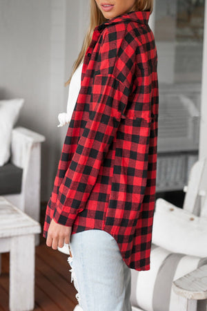 Vintage Overszied Red Black Plaid Flannel Tee Shirt Button Up