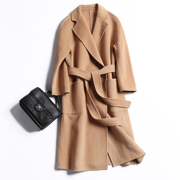 Free Shipping Camel Cashmere long Wool Trench Coat Womens