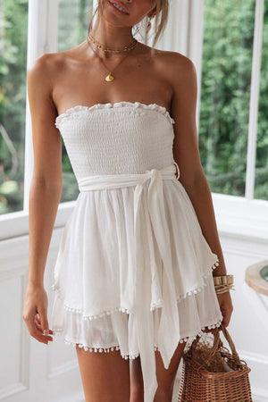 Tie Waist Smocked Pompom Trimed Layered Strapless Romper Shorts Bandeau Playsuits