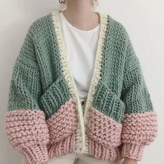 Color Block Contrast Duo Stitch Chunky Cable Knit Heavy Cardigan Sweater main image 1