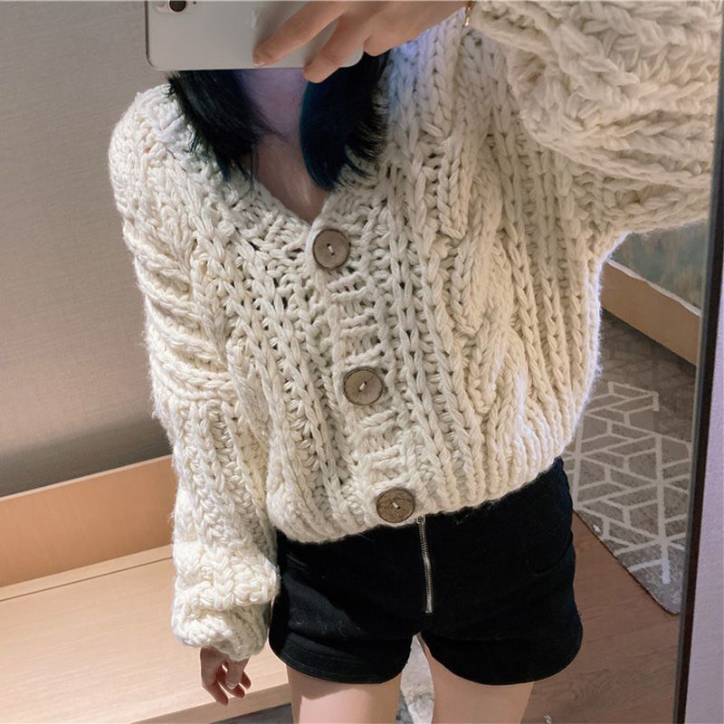 Hand Knitted Braid Chunky Cable Knit V Neck Button Crop Cardigan Sweater