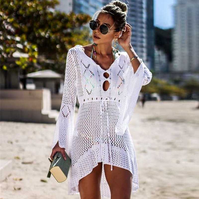 Boho High Low Puff Sleeve Crochet Beach Dress Swim Cover Ups