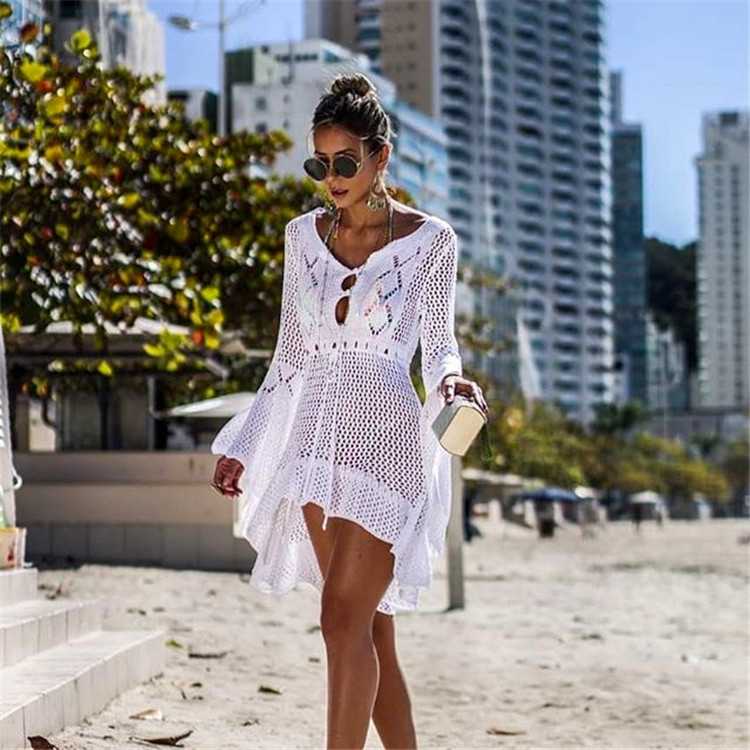 Boho High Low Puff Sleeve Crochet Beach Dress Swim Cover Ups  sunifty