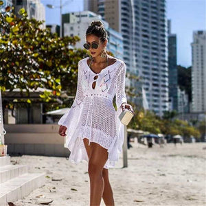 Boho High Low Puff Sleeve Crochet Beach Dress Swim Cover Ups