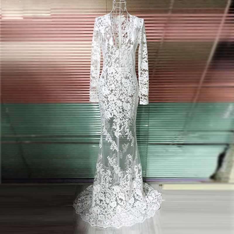 White Lace Embroidered Sheer Mesh Mermaild Formal Gowns Dress