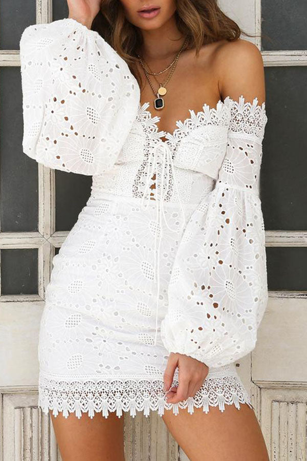 Eyelet Cotton Front Lace Up Off The Shoulder Bodycon Dress
