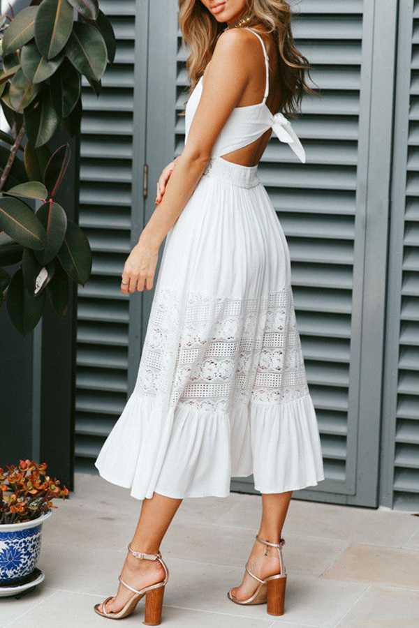 Elegant Eyelet Lace Tie Knot Back Sleeveless Button up Midi Dress