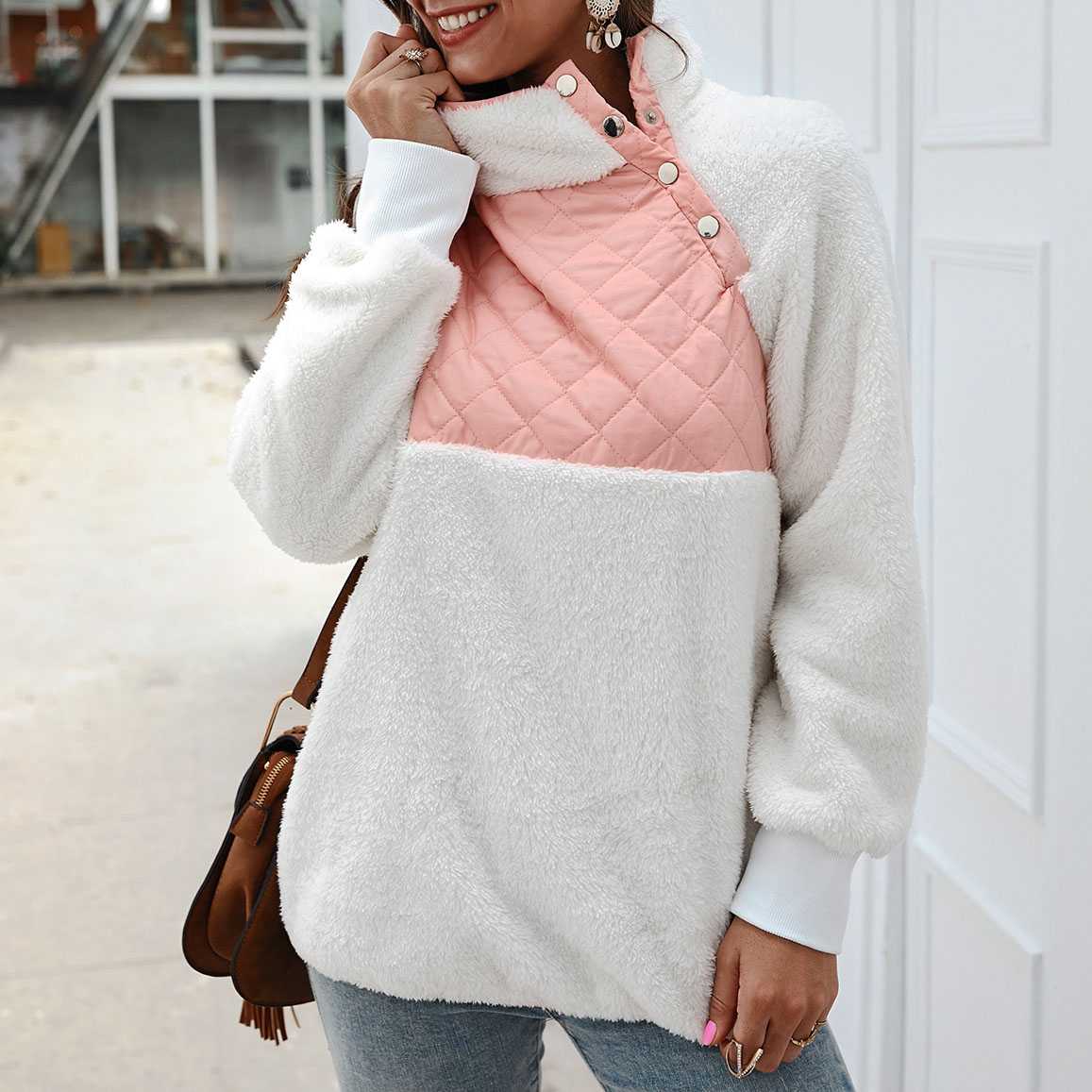 Colorblock Wubby Asymmetrical Snap Up Fleece Pullover Sweatshirt