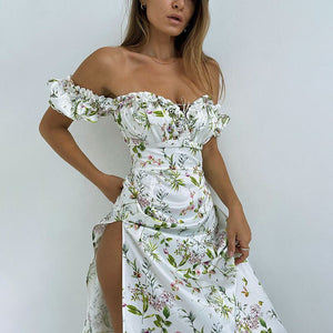 Vintage Floral Afternoon Tea Garden Off Shoulder High Slit Cottage Core Dress