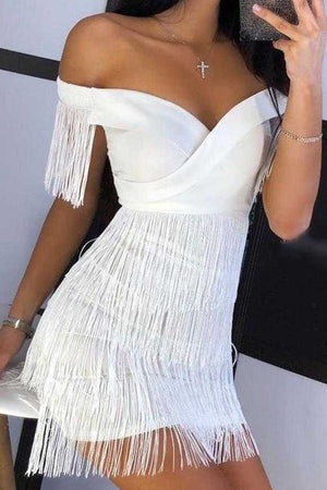Fabulous White Layered Tassel Fringe Dress Off Shoulders