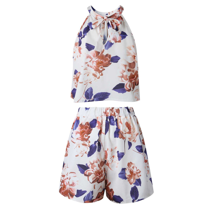 Tie Back Halter Top Floral Prints Two Piece Romper Jumpsuits