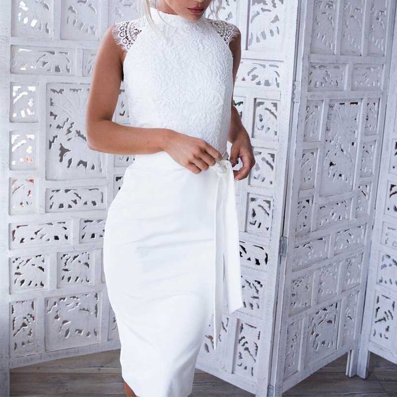 Classy High Neck Tie Waist White Lace Overlay Sheath Dress