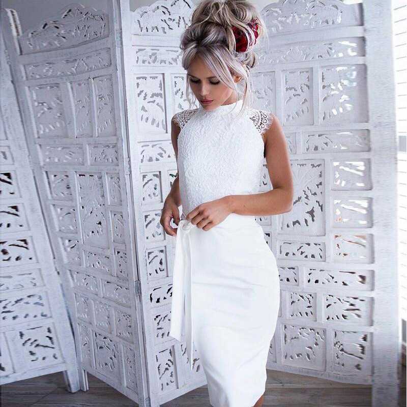 Classy High Neck Tie Waist White Lace Overlay Sheath Dress