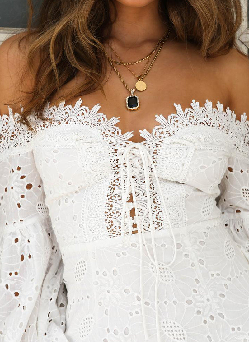 Eyelet Lace Crop Top Off Shoulder Puff Sleeve