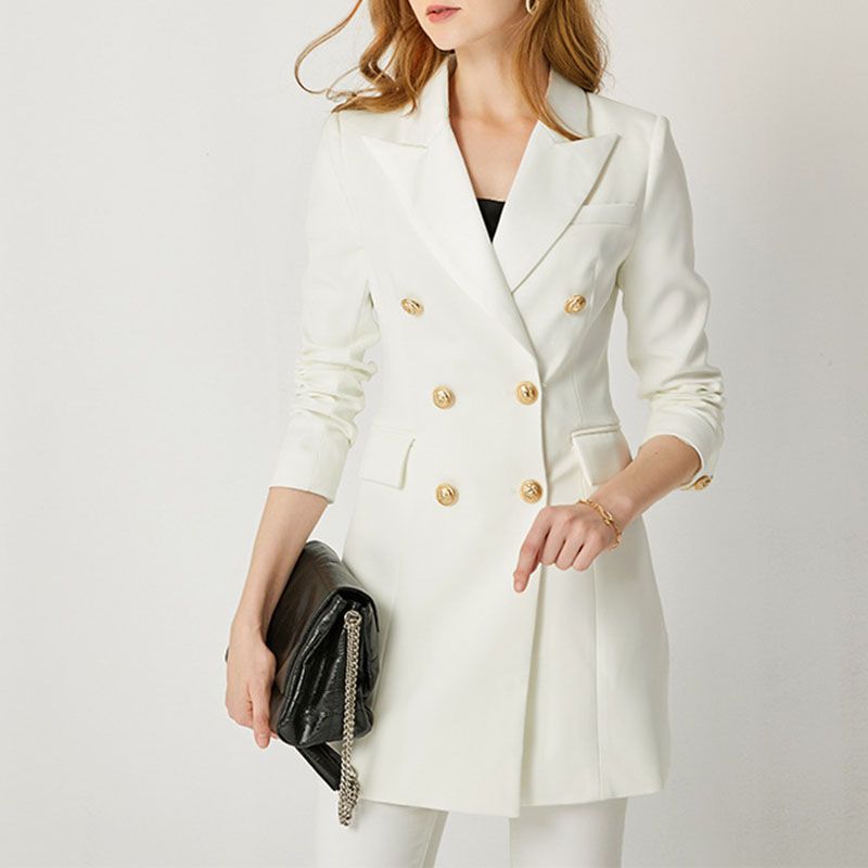 Tailored Satin Collar Blazer Dress Double Breasted Work Jacket Dress