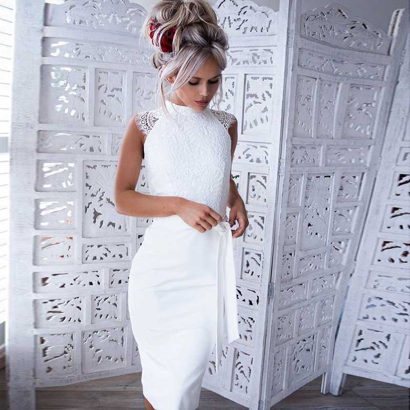 Classy High Neck Tie Waist White Lace Overlay Sheath Dress