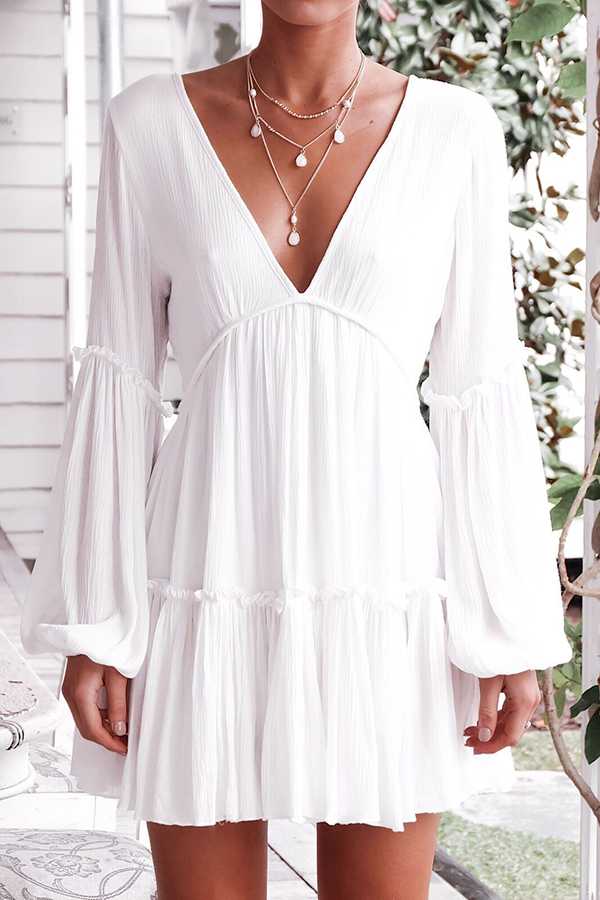 Casual Ruffle Trimmed Long Puff Sleeve V Cut Out Back V Neck Dress
