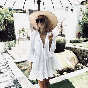 Oversized Casual Button Up Ruched Ruffle Hem Short Beach Dress