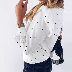 White Dotted Blouse Long Sleeve Ruffle Shirts With Dots
