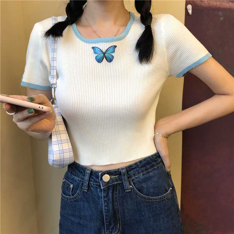 Colorful Butterfly Embroidered Ribbed Cotton Tank Top Crop Top
