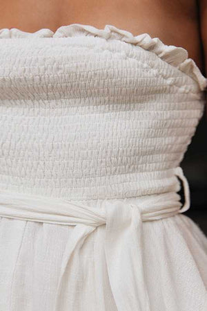 Tie Waist Smocked Pompom Trimed Layered Strapless Romper Shorts Bandeau Playsuits