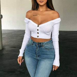 Casual Ribbed Off The Soulder Cropped Button Up Knit Tops For Ladies