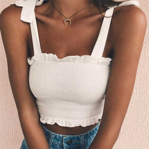 Curved Hem Trimmed Scrunch Tie Up Shoulder Ruched Crop Top Tanks