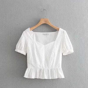 Gingham Checked Ruffle Hem Shirred Crop Top Blouse