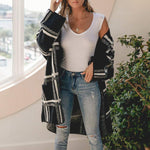 Packable Black White Big Checke Long Cardigan Sweater Tweed Longline Cardigan Coat