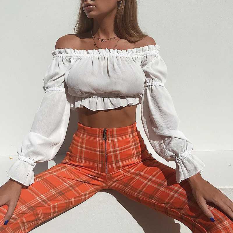Ruffle Off The Shoulder Lantern Long Sleeve Chiffon Crop top Blouses
