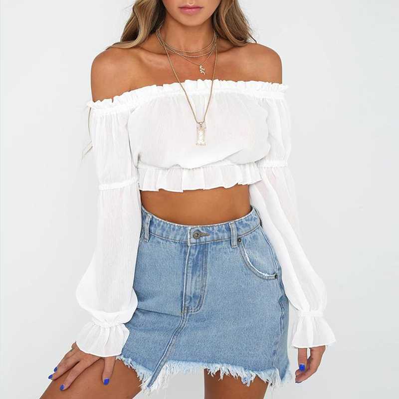 Ruffle Off The Shoulder Lantern Long Sleeve Chiffon Crop top Blouses