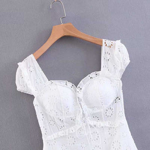 Elegant Criss Cross White Lace Eyelet Dress Puff Sleeve