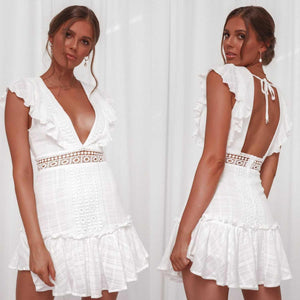 Ruffle Top Deep Plunging Eyelet Lace Crochet Frill Hem Dress