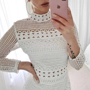 Bohemian long sleeve turtle neck white lace dress