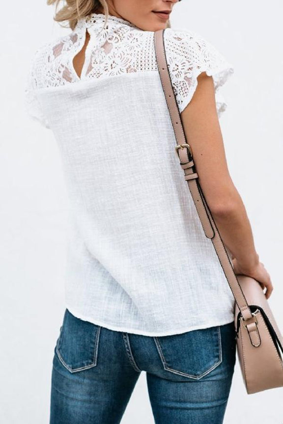 White Silk Lace Patchwork Sleeveless Top With V Neck Lace Trim Womens Boho Chic Blouse main image 0