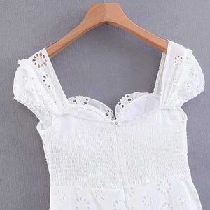 Elegant Criss Cross White Lace Eyelet Dress Puff Sleeve