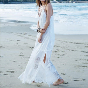 Vacation Spaghetti Strap Mesh Lace Side Split Maxi Beach Dresses Cover Ups