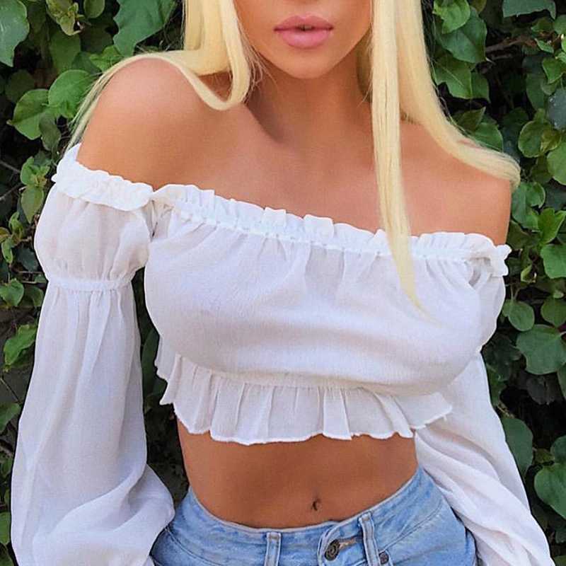 Ruffle Off The Shoulder Lantern Long Sleeve Chiffon Crop top Blouses
