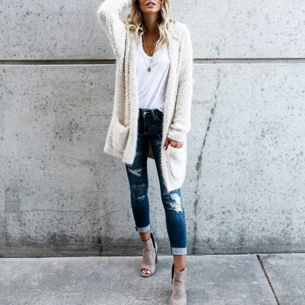 Oversized Faux Wool Long Hooded Cardigan With Pockets