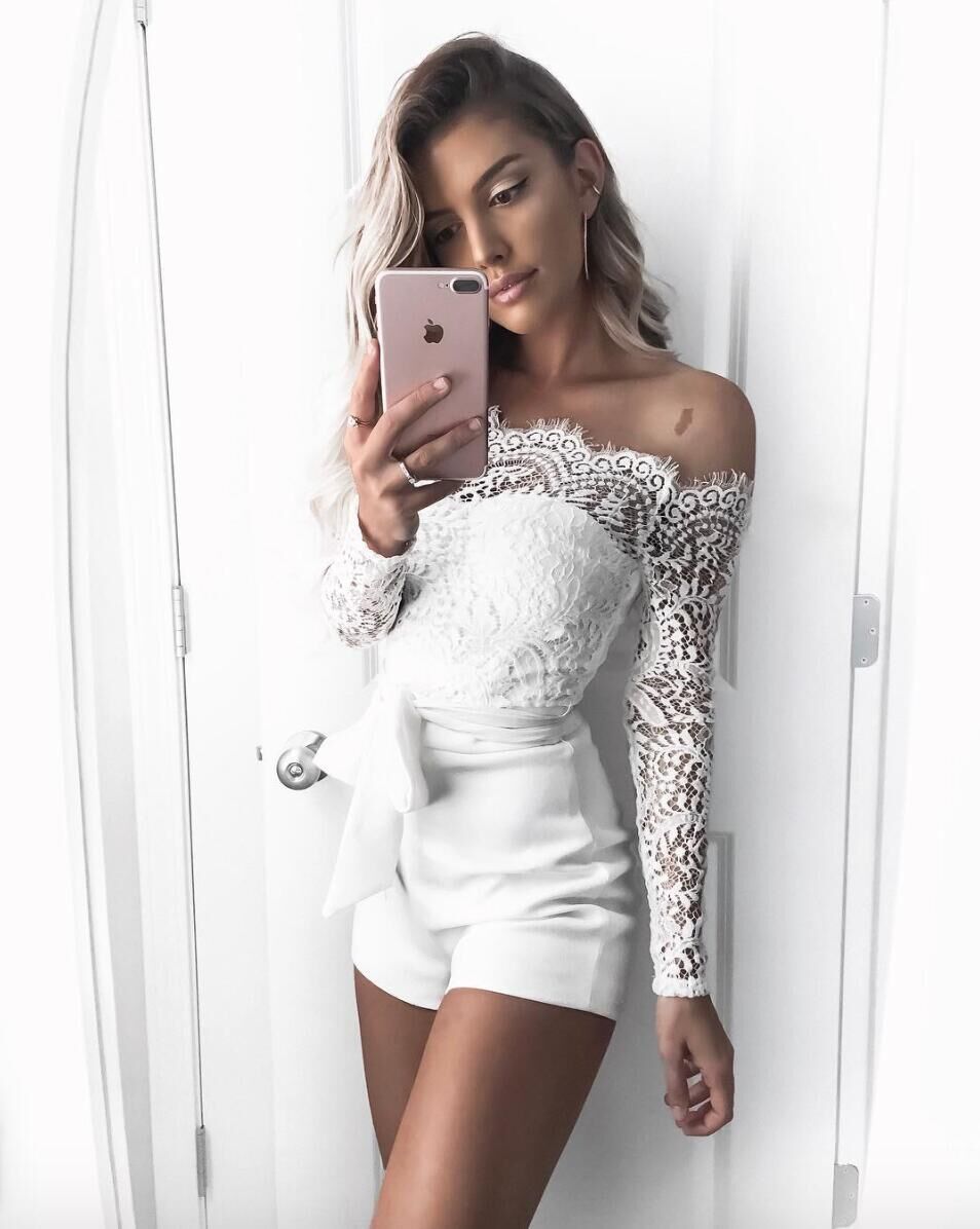 Boho White Lace Off The Shoulder Romper Playsuits Long Sleeve