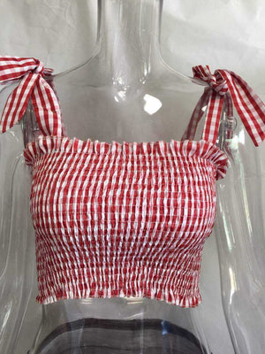 Curved Hem Trimmed Scrunch Tie Up Shoulder Ruched Crop Top Tanks