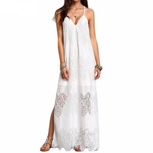 Vacation Spaghetti Strap Mesh Lace Side Split Maxi Beach Dresses Cover Ups