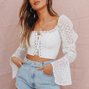 Cotton eyelet white lace up crop top puff sleeve blouse