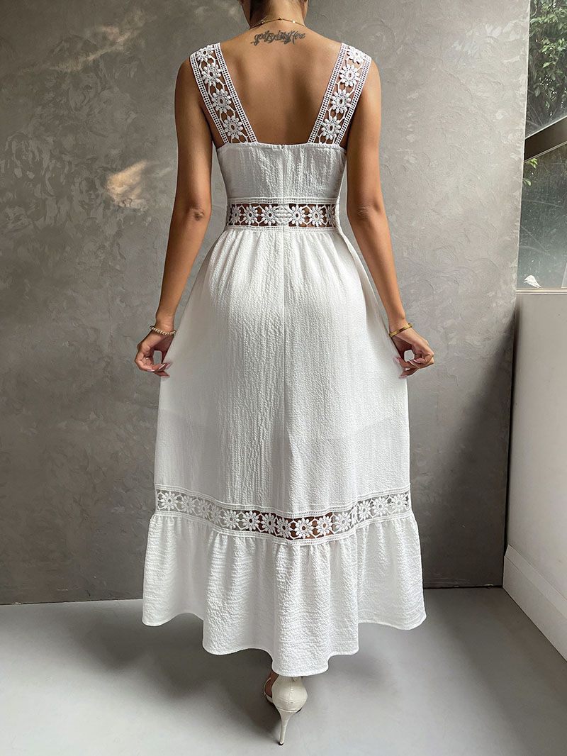 Boho Casual Cotton Eyelet Hollow Thick Strap Lace Midi Dress