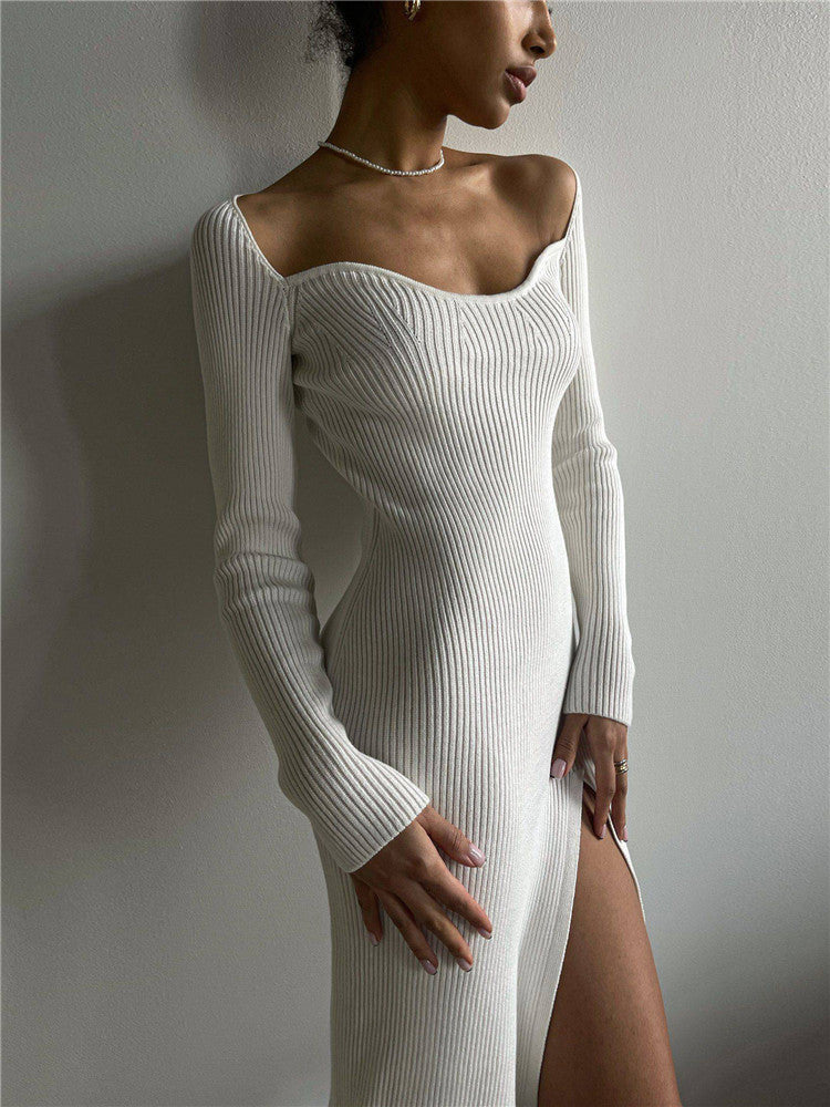 Ribbed Sweetheart Neckline Long Sleeve Ribbed Dress With Slit On the Side